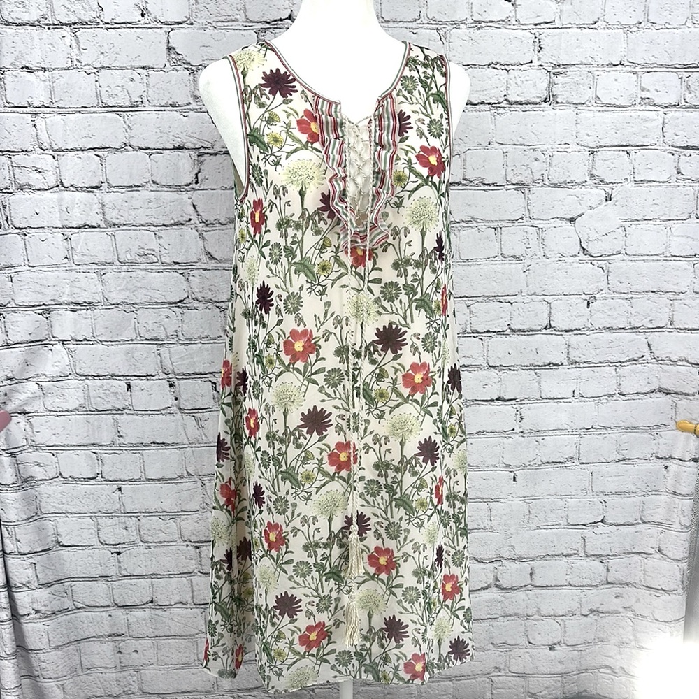 MSSP Vintage-Style Floral Sleeveless Lined Tunic Sundress w/Jute Neckline Tie XS